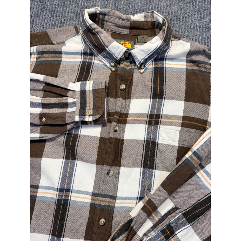 Bass Pro Shops Mens 2XL Brown Plaid Flannel Button Down Shirt Cotton Long Sleeve